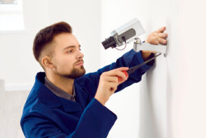 Técnico instalando sistema de seguridad en una vivienda